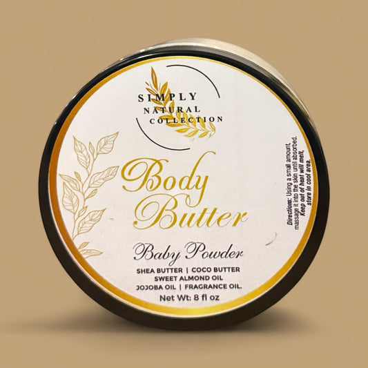 Body butter container with 'Simply Natural Collection' branding on a beige background