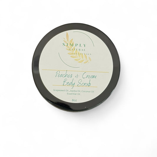 Peaches and  Cream Body scrub container with 'Simply Naturals' branding on a white background