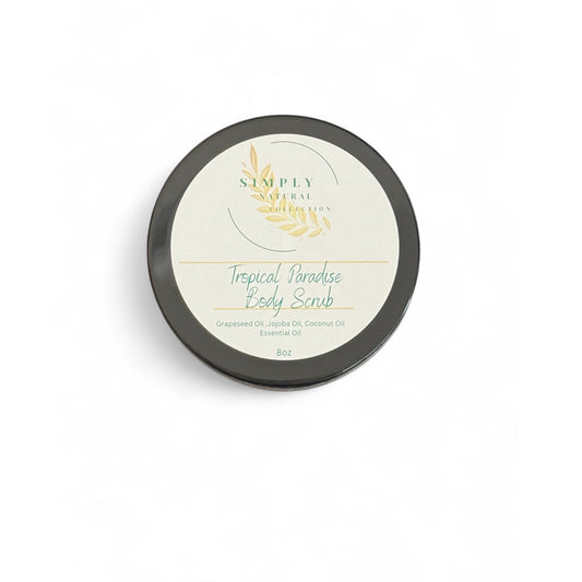 Tropical Paradise body scrub container with 'Simply Natural' branding on a white background