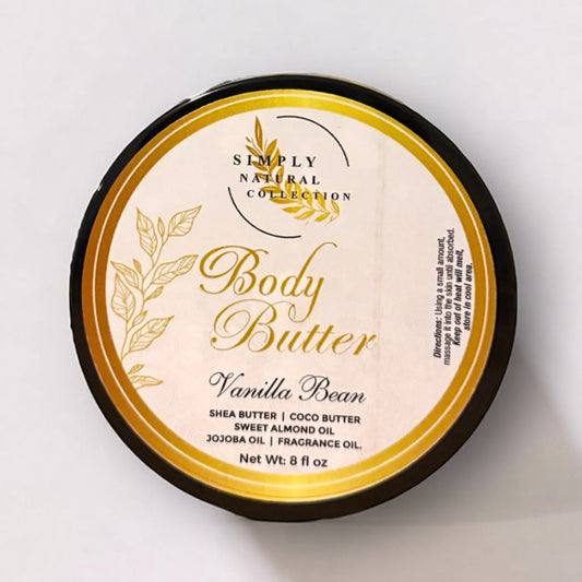 Body butter container with 'Simply Natural Collection' label on a light gray background