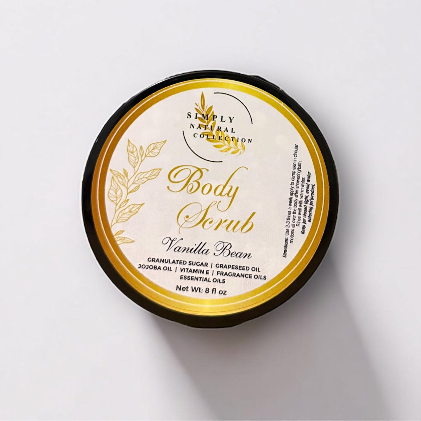 Body scrub container with vanilla bean flavor on a white background