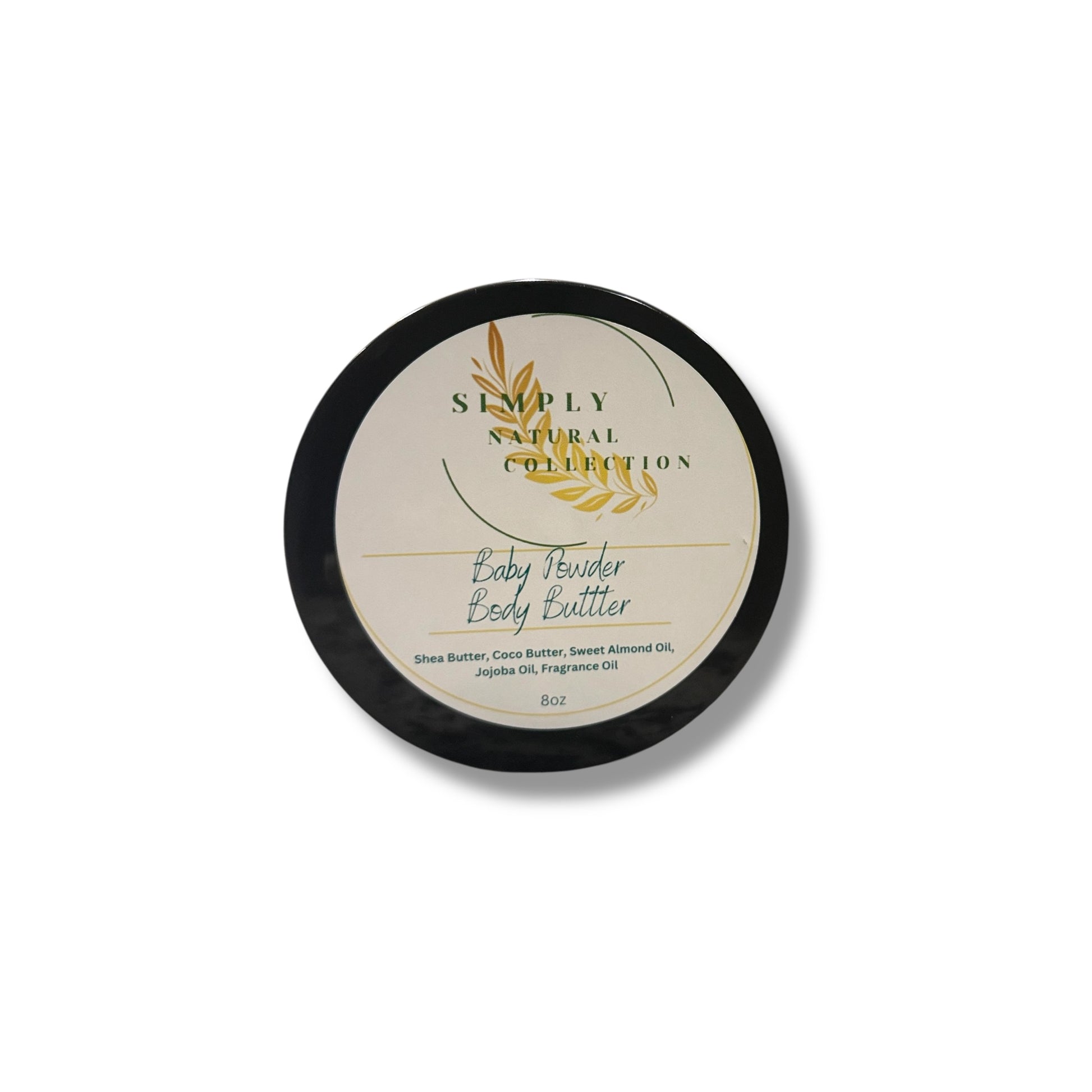 Baby Powder Body butter container with 'Simply Natural Collection' label on a white background