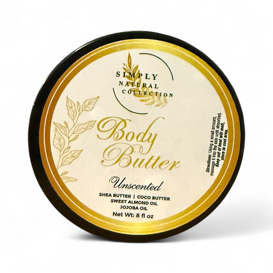 Body butter container with 'Simply Natural Collection' label on a white background