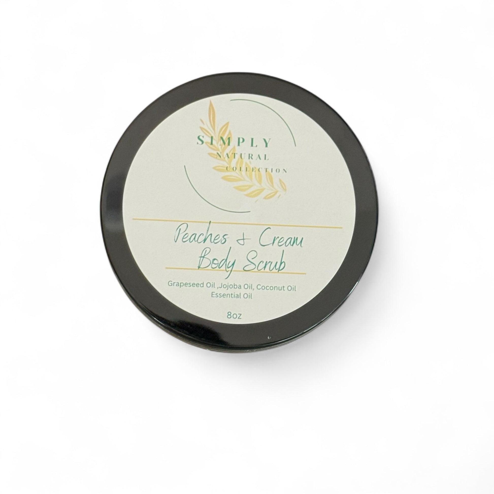 Peaches and  Cream Body scrub container with 'Simply Naturals' branding on a white background