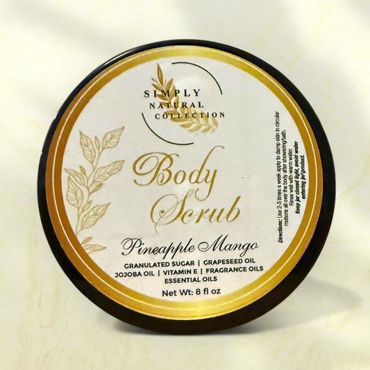 Body scrub container with 'Simply Natural Collection' Pineapple-Mango label on a light background
