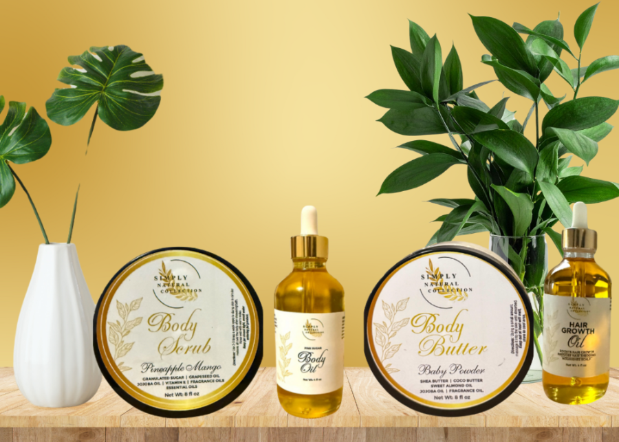 Cosmetic products including body scrub, body butter, and hair growth oil on a wooden surface with a yellow background and plants.