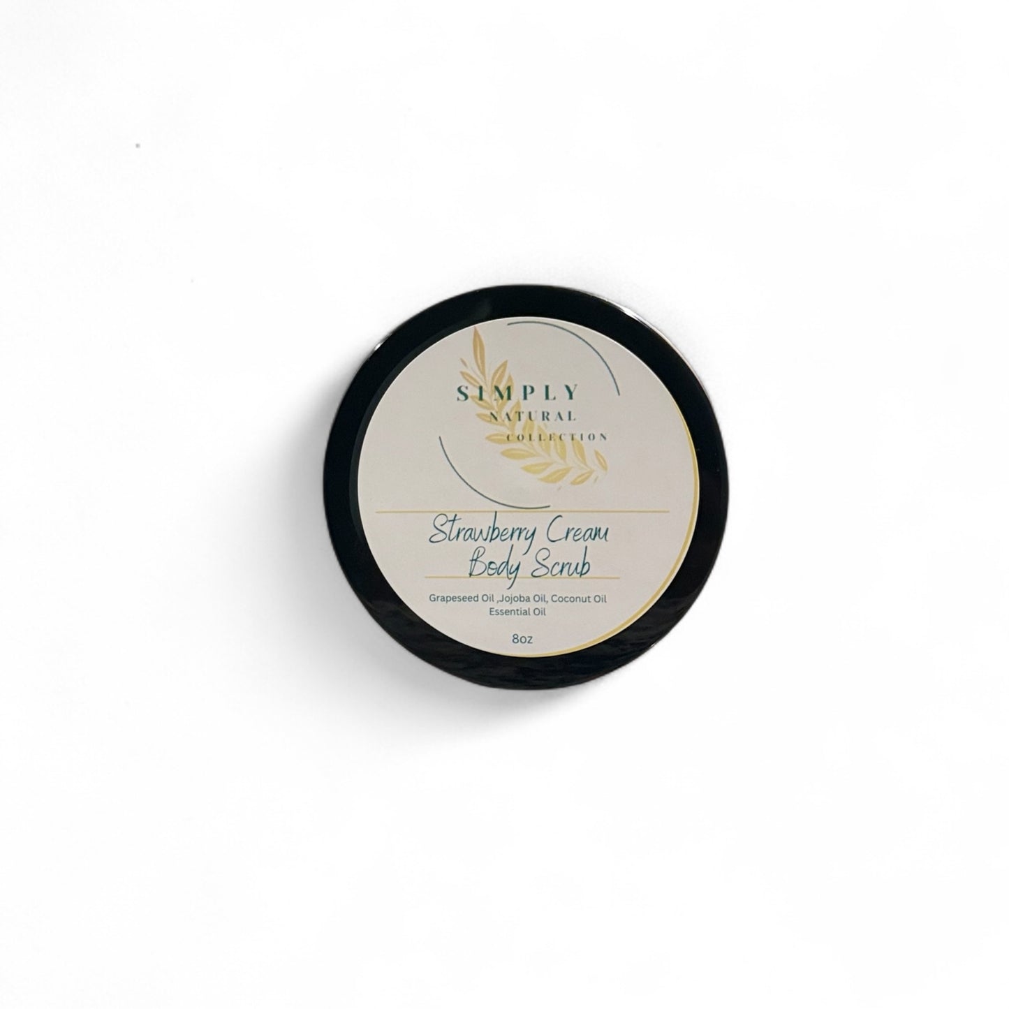 Strawberry Cream Body Scrub container with 'Simply Nature' branding on a white background