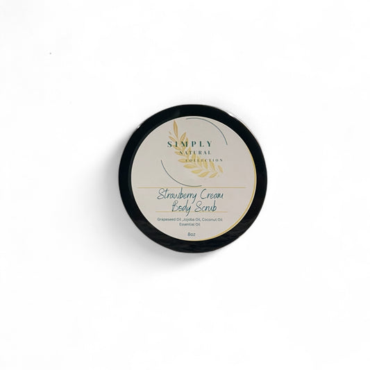 Strawberry Cream Body Scrub container with 'Simply Nature' branding on a white background