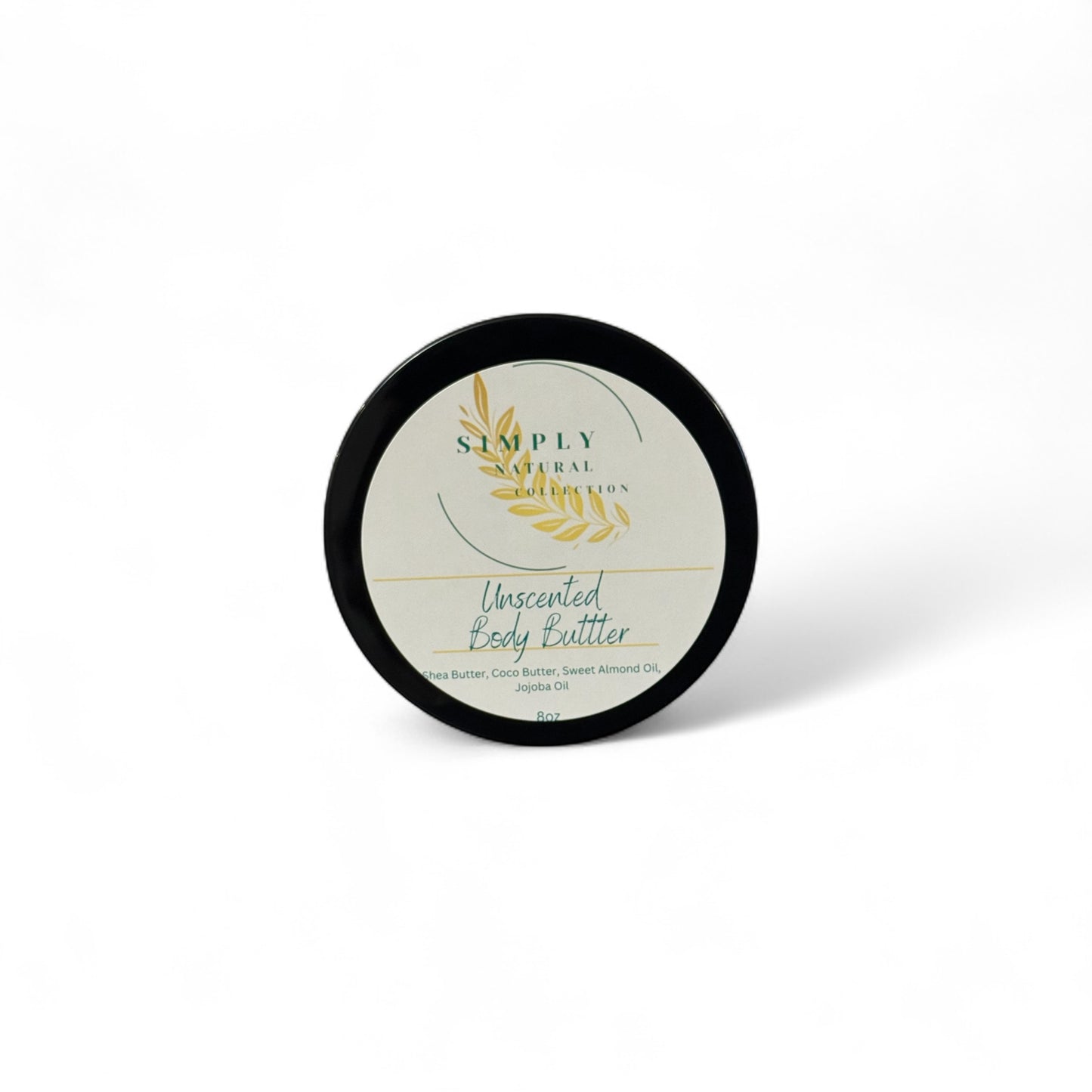 Unscented Body butter container with a black lid on a white background