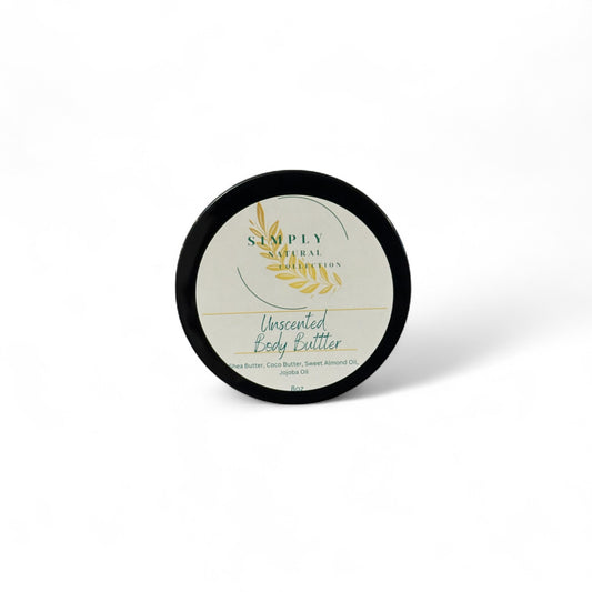 Unscented Body butter container with a black lid on a white background